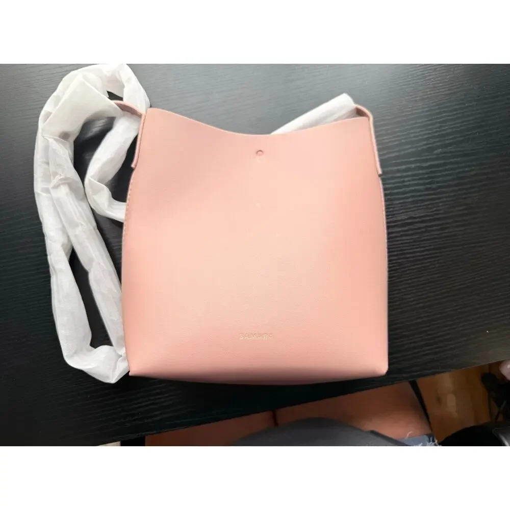 Samara Pink Vegan Leather Crossbody Bag Minimalist Bucket Purse Adjustable Strap